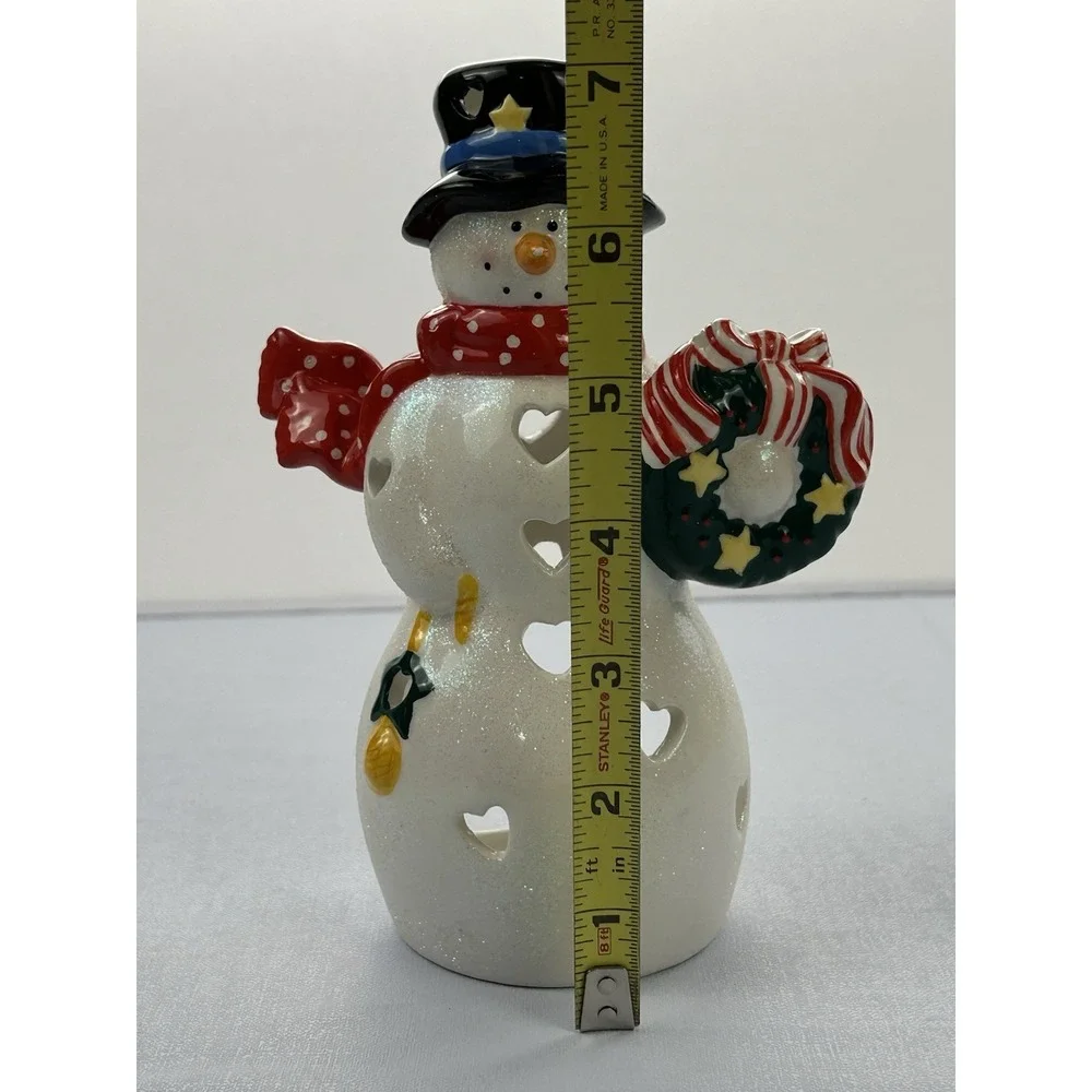 Ceramic Snowman Tealight Candle Holder Christmas Wreath Glitter Luminary 7